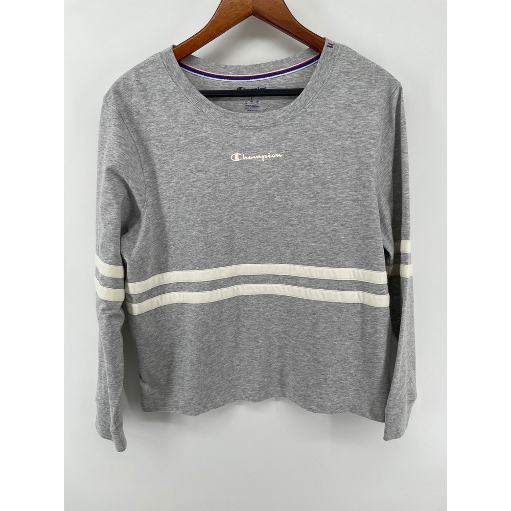 Champion Long Sleeve T-Shirt Top‎ Womens Large Gray Varsity Stripe Retro Sporty